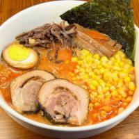 Spicy Miso Ramen · Chicken and pork broth. Miso soy bean sauce with sesame and peanuts butter. Roasted pork bel...
