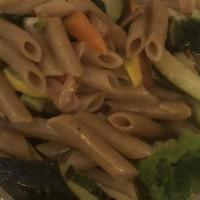 Whole Wheat Pasta Primavera · Whole wheat pasta served with a fresh vegetable, garlic and Tuscan extra virgin olive oil.