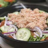 Tuna Salad · Mixed greens, tomato, cucumbers, olives, shredded carrots and red onions.