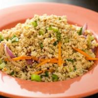 Larb Gai Salad (Spicy Chicken Salad) · Hot. Spicy. Spicy ground meat salad, shallot, mint, scallion, cilantro, ground toasted jasmi...