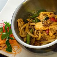 Spicy Pad Udon · Hot. Spicy. Stir fried udon noodle in spicy yummy sauce with onions, scallion, fresh basil, ...