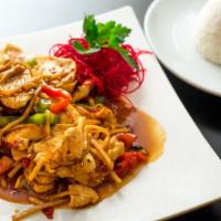 Pad Hau-Neung Kai · Hot. Spicy. Thai alanna ( northern ) style stir fried with chicken, bamboo, kaffir lime leav...