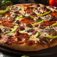 Deluxe Pizza · Pepperoni, juicy sausage, mushrooms, green peppers, and onions.