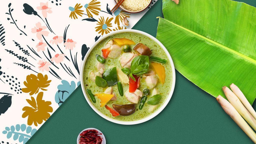 Green Curry Meadow · Green curry with bamboo shoot, bell pepper, eggplant, string bean, basil and coconut milk. Served with jasmine rice (Spicy).
