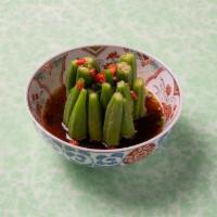 Poached Okras 捞汁秋葵 · Okra, tabasco peppers, sesame oil, Sichuan peppercorn oil