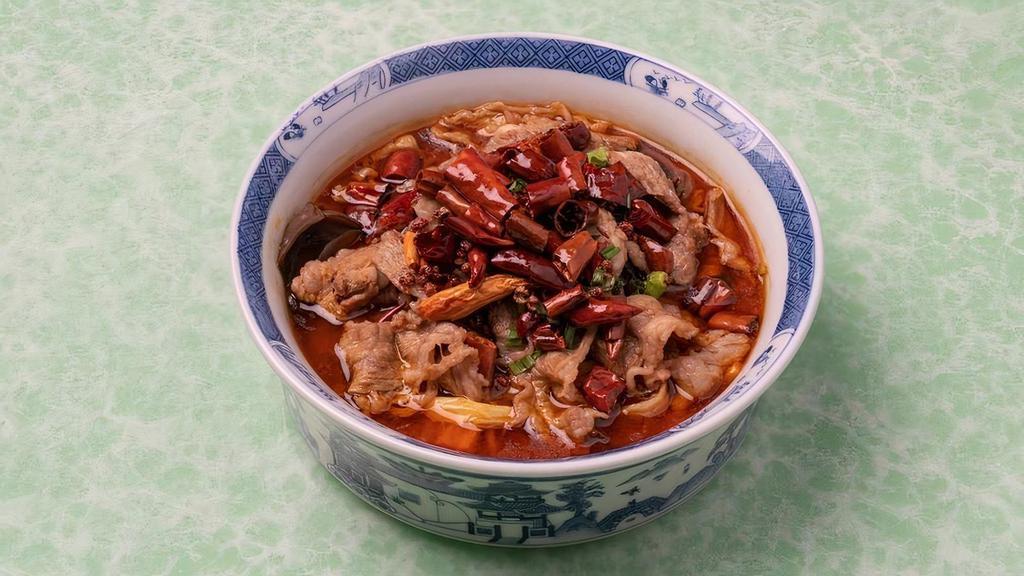 Braised Beef In Red Soup 红汤肥牛 · Braised beef, wood's ears, cabbage, glass noodles, dried tofu skin, chili peppers, Sichuan peppercorn