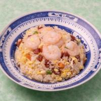 Shrimp Fried Rice With Chinese Sausage 虾仁炒饭 · Shrimp, Chinese sausage, pea, carrot, onion