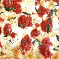 Grandma Pizza (Large) · Square pizza with fresh tomato, fresh mozzarella basil, oregano and garlic. oil