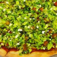Tony'S Salad Pizza  · Mixed greens, tomato, fresh mozzarella, roasted peppers, onion and balsamic glaze.