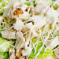 Chicken Ceaser ‘ Salad Pizza  · Organic chicken breast chopped with romaine lettuce. Top with shaved parm cheese  croutons ,...