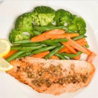 Grilled Salmon & Vegetables · Fresh herbs, lemon, and garlic marinade.