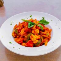 Gnocchi Chicken Cacciatore  · Shuck of fresh Chicken , peppers onion 
Mushrooms in a Light red sauce