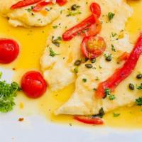 Chicken Piccata · Sautéed chicken breast  .capers. Roasted peppers , ,lemon white wine sauce