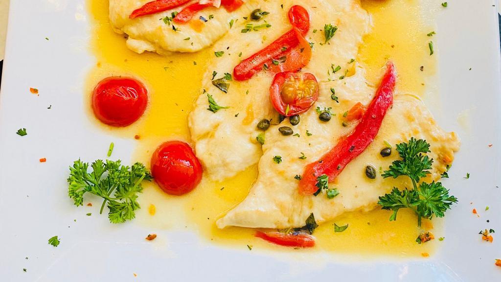 Chicken Piccata · Sautéed chicken breast  .capers. Roasted peppers , ,lemon white wine sauce