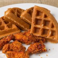 Chicken & Waffles · breaded  chicken, Belgian waffle, ranch dressing and maple syrup.