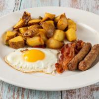  Breakfast Platter  · The potato breakfast includes 2 eggs, bacon or sausage.
Select crispy  hash browns or home f...
