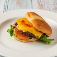 Cheese Burger · 6oz  beef patty, onions, house seasoning, American cheese, lettuce, tomatoes, mayo and ketch...