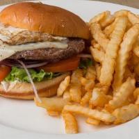 Hot Spot Burger · 6oz Beef patty, pepper jack cheese. house seasoning, grilled onions, bacon, fried egg, lettu...