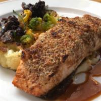*Lemon & Herb Crusted Salmon · tricolored carrots & cauliflower, red wine reduction