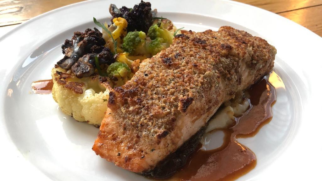 *Lemon & Herb Crusted Salmon · tricolored carrots & cauliflower, red wine reduction