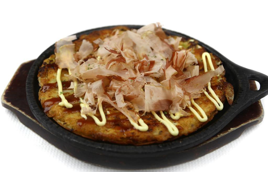 Kimchi Cheese Okonomiyaki · Kimchi, cheese, cabbage, assorted seafoods and bonito flakes.