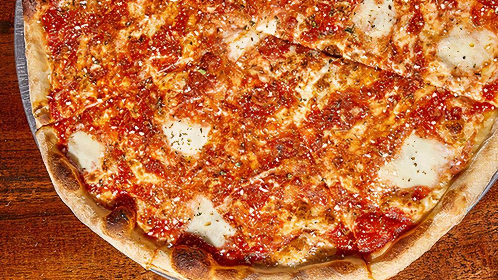 Cauliflower Upside Down Cheese Pizza · Thin crust with sliced mozzarella cheese, homemade pizza sauce, wild Sicilian oregano, & breadcrumbs (vegetarian)