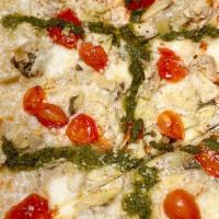 Cauliflower Pesto Artichoke · Thin crust with sliced mozzarella cheese, homemade pesto sauce, roasted cherry tomatoes, roa...