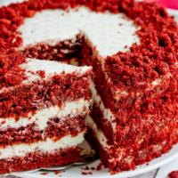 Red Velvet Cake · Light and moist, cocoa flavored red velvet cake.