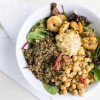 Wild Shrimp Salad · Gluten-free. Organic greens, char-grilled shrimp, lentil salad, chickpea salad, roasted eggp...