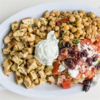 The Greek Goodness · Gluten-free. Brown rice, chicken, Greek salad, chickpea, tzatziki.
