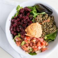 The Mediterranean Bowl · Gluten-free, vegetarian. Organic greens, Greek salad, lentil salad, beet salad, feta spread.