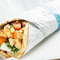 Eons Chicken Wrap · Hormone and antibiotic free chicken, Greek salad, tzatziki, organic greens.