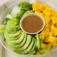 Summer Mango Salad · Veggie. romain lettuce, avocado, mango and balsamic vinaigrette.