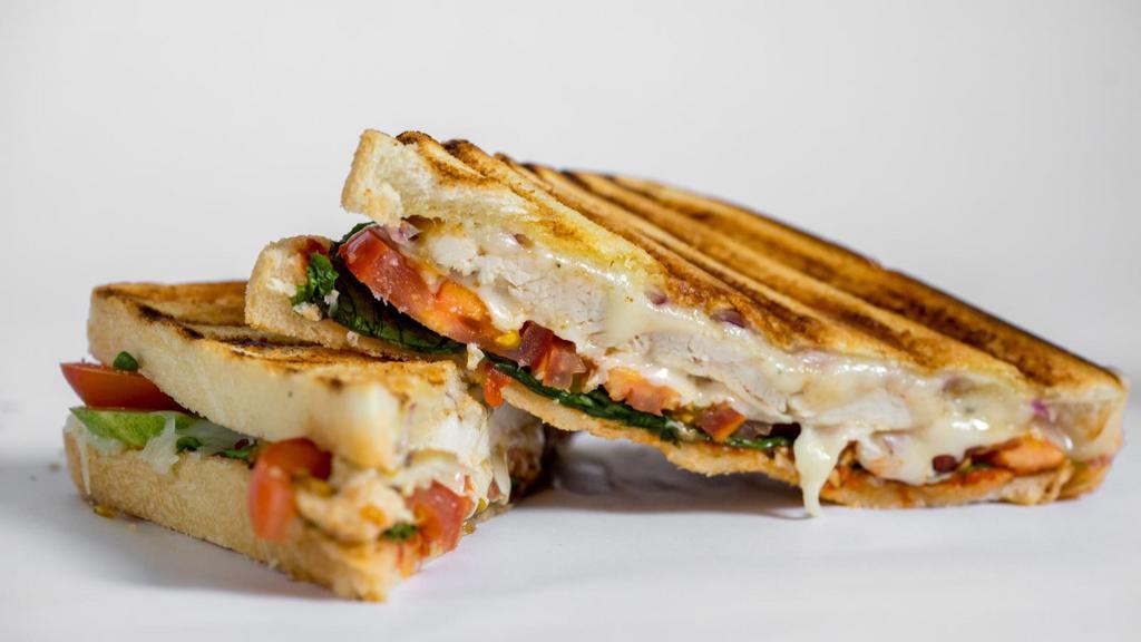Chicken Fajita Panini · Grilled Panini Sandwich made with European Flatbread and topped with Grilled chicken breast, oven roasted peppers, onions, cheddar cheese and salsa picante. Pickles and potato chips included on the side.