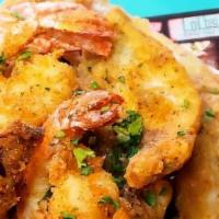 Fish + Shrimp Basket · crispy white fish + shrimp + chips + pom pom drizzle