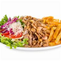 Spicy Chicken Gyro Platter  · Juicy spicy thin sliced chicken with mix salad and chef's sauce.