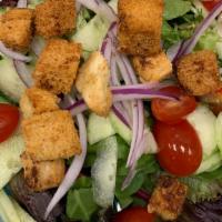 House Salad · Mixed greens, tomatoes, cucumbers, red onions, croutons and choice of dressing.