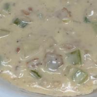 New England Clam Chowder · Homemade clam chowder soup (includes bacon)