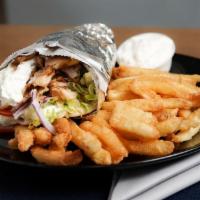 Chicken Gyro (Special) · Authentic chicken gyro wrapped in pita bread with tzatziki, lettuce, tomato, onions, fries a...