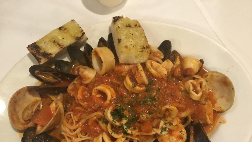 Mixed Seafood · Linguine with Mussels, Clams, Shrimp and Calamari in Spicy Marinara Sauce