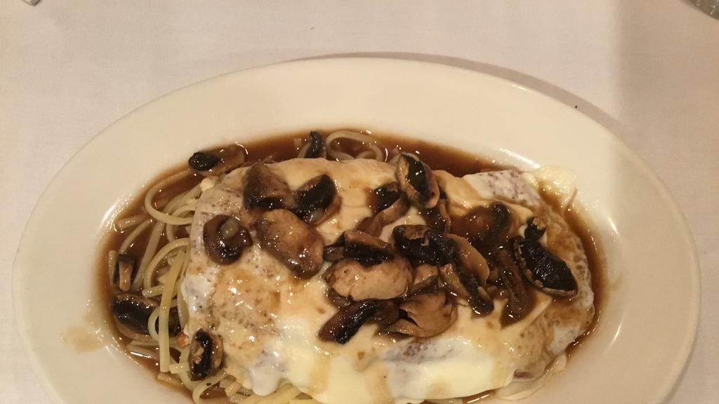 Chicken Monachina · Breaded Chicken Cutlet, Mushrooms, Melted Mozzarella with Linguine in Brown Sauce