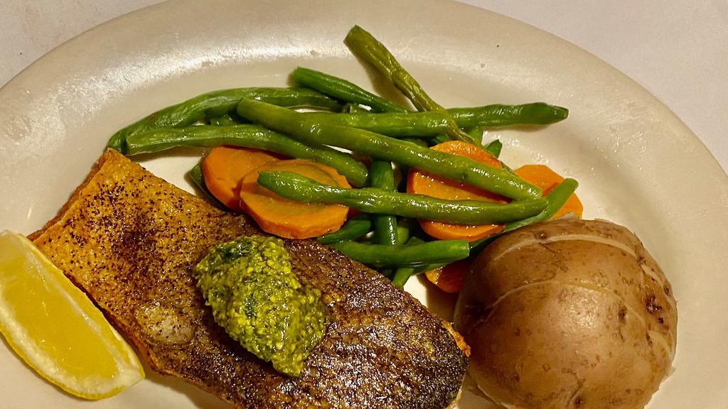 Pan-Roasted Salmon · Contains nuts. Topped with Sicilian pesto, red bliss potato, and mixed vegetables.