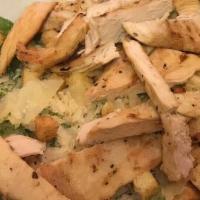 Chicken Caesar Salad · Grilled or balsamic glazed chicken breast, romaine, seasoned croutons, creamy Caesar dressin...