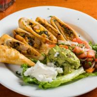 Chicken Spring Rolls · Southwestern style, served with guacamole and sour cream.