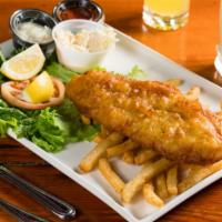 Beer Battered Fish And Chips · Coleslaw, french fries, and tartar sauce.
