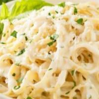 Pasta With Alfredo Sauce · Heavy cream reduction, butter, garlic, 5 months aged Parmesan cheese, parsley. Served with c...