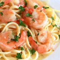 Linguini Shrimp Scampi · Marinated wild gulf shrimps, parsley, thyme, garlic, butter, white wine lemon sauce, 5 month...