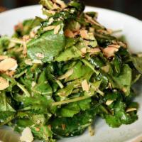 Kale Salad · Organic baby kale, Granny Smith apple, aged cheddar, roasted almonds, garlic vinaigrette. Ve...