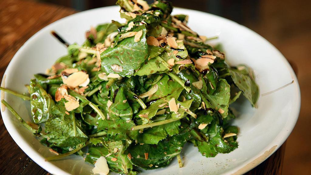 Kale Salad · Organic baby kale, Granny Smith apple, aged cheddar, roasted almonds, garlic vinaigrette. Vegetarian. Gluten Free. Contains Nuts.