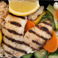 Grilled Tilapia Meal · Seasoned tilapia served over mixed vegetables and brown rice. 430 cal.